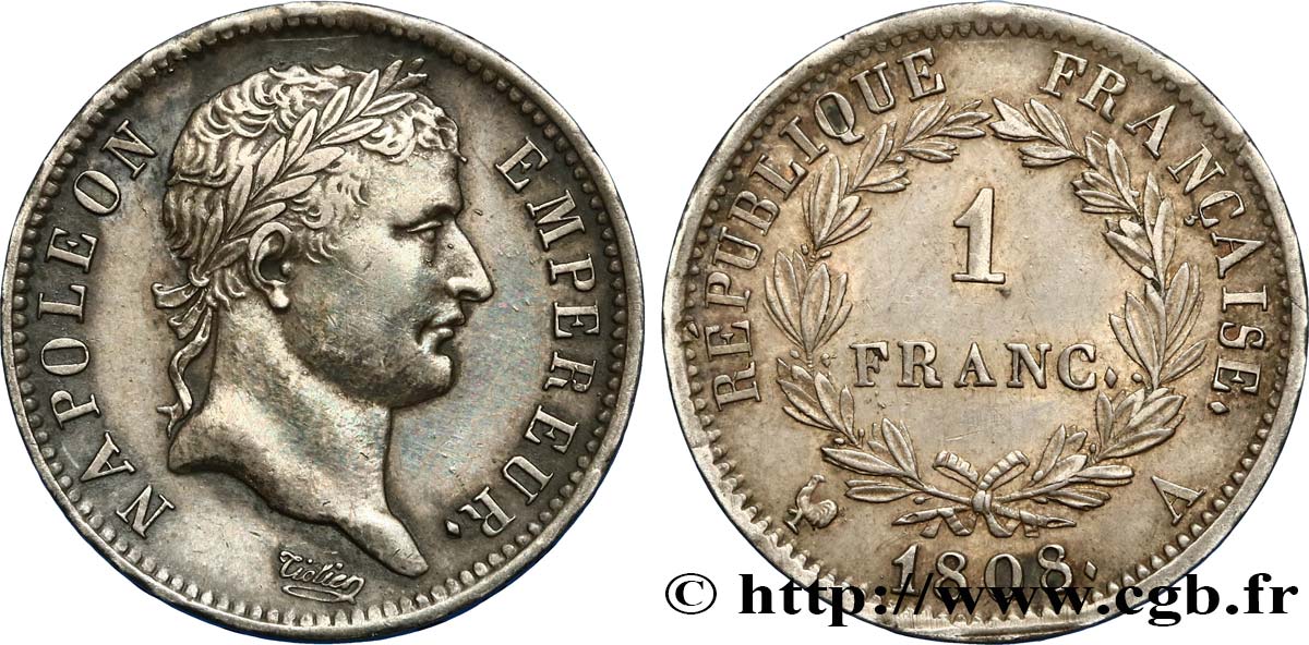 1 franc Napoléon Ier tête laurée, République française 1808 Paris F.204/2 VZ55 