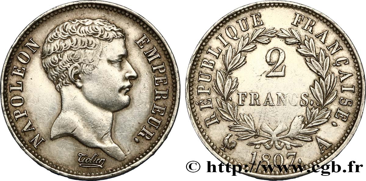 2 francs Napoléon Empereur, tête de nègre 1807 Paris F.253/1 AU50 