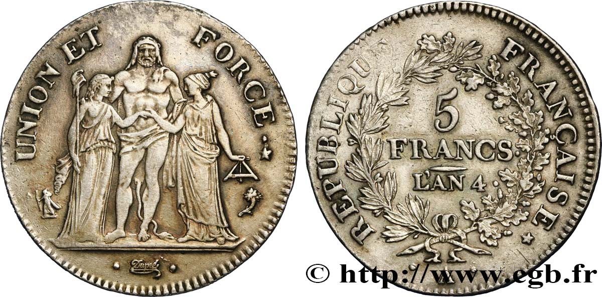 5 francs Union et Force, Union serré, avec glands intérieurs et gland extérieur 1796 Paris F.288/1 SS52 