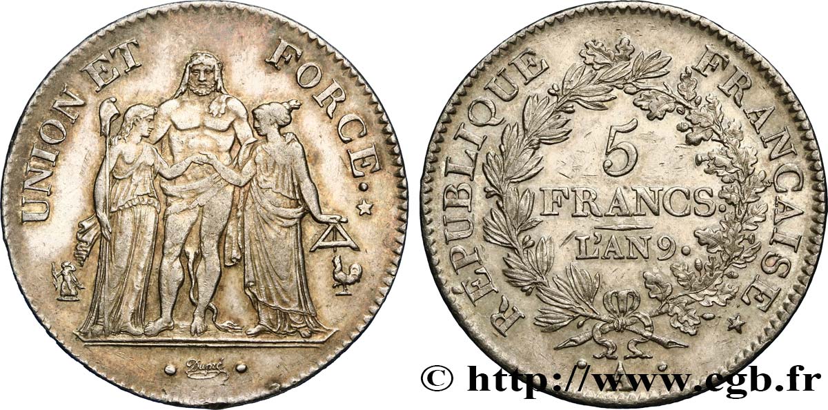 5 francs Union et Force, Union serré, avec glands intérieurs et gland extérieur 1801 Paris F.288/155 AU52 