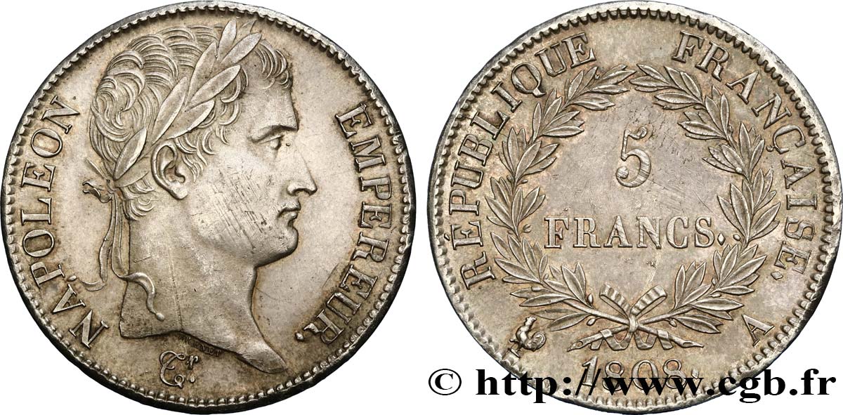 5 francs Napoléon Empereur, République française 1808 Paris F.306/2 SPL58 