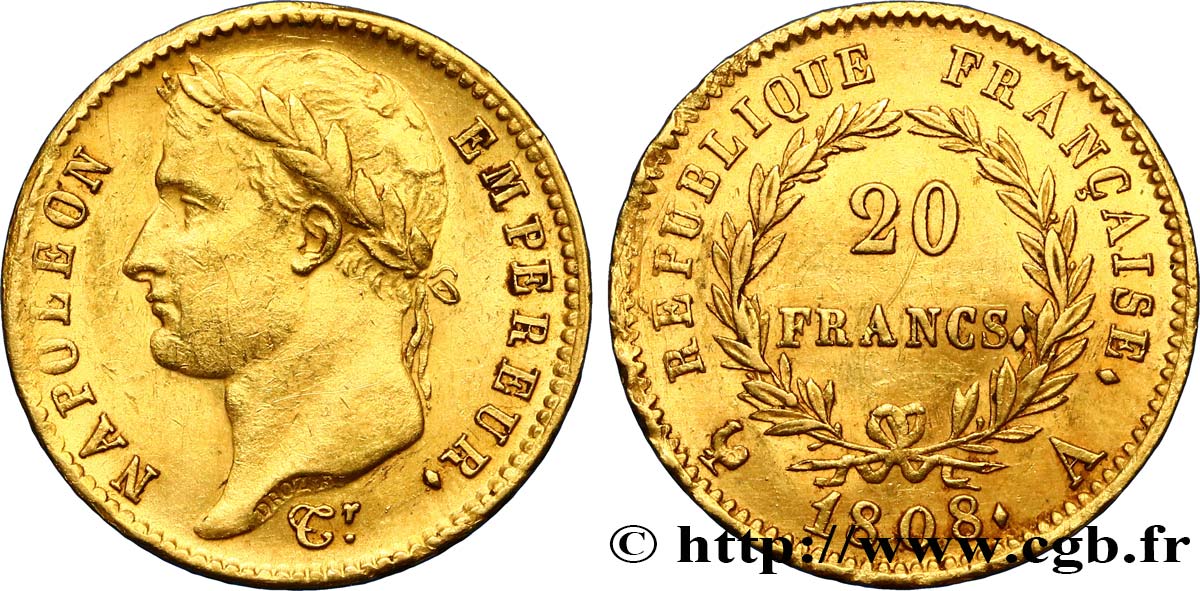 20 francs or Napoléon tête laurée, République française 1808 Paris F.515/2 MBC50 