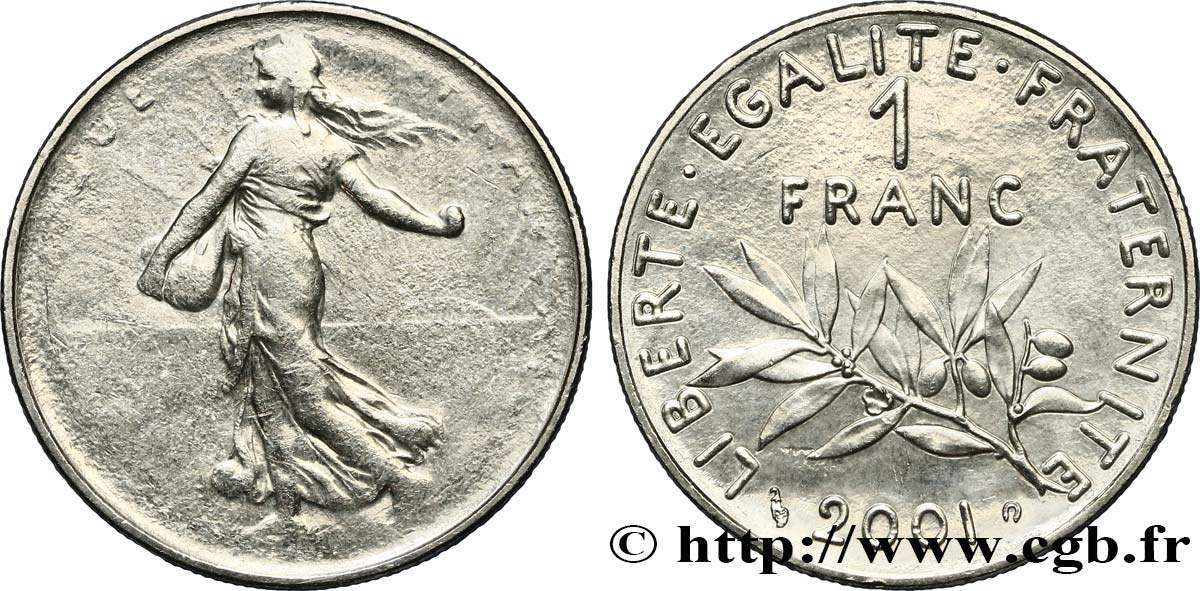 1 franc Semeuse, nickel, usure inégale des coins 2001 Pessac F.226/49 fST 
