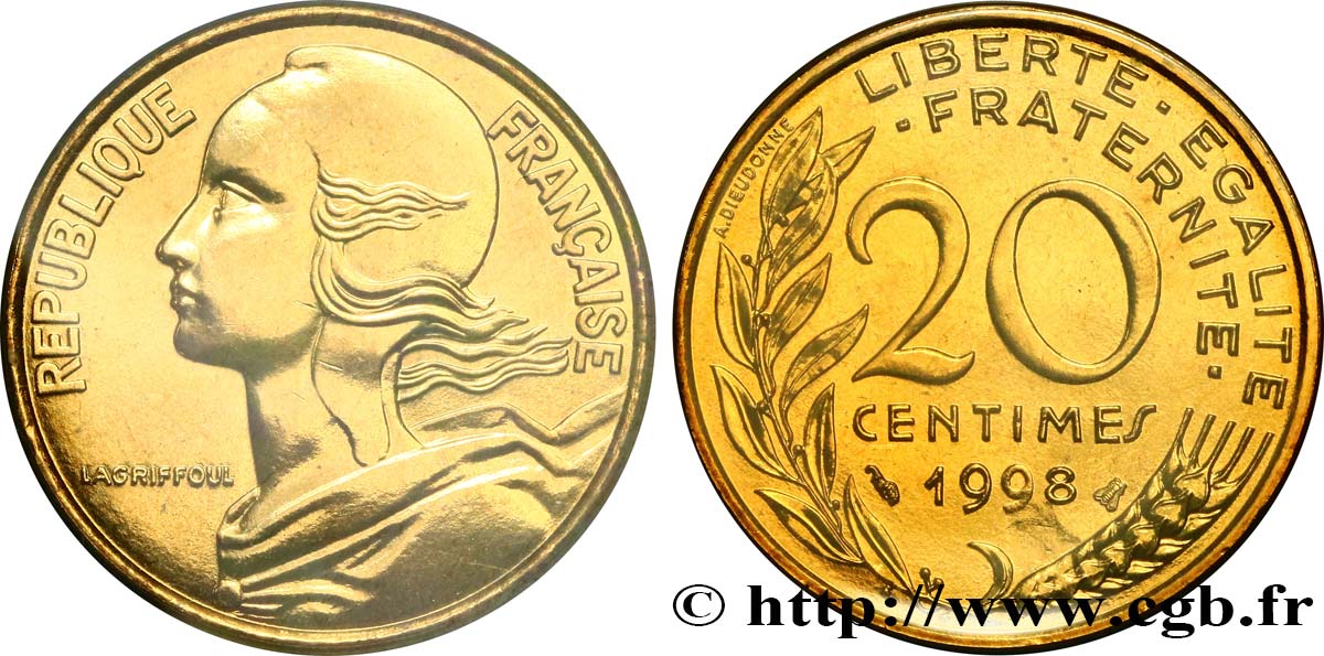 20 centimes Marianne, BU (Brillant Universel), frappe fautée 1998 Pessac F.156/42 MS 