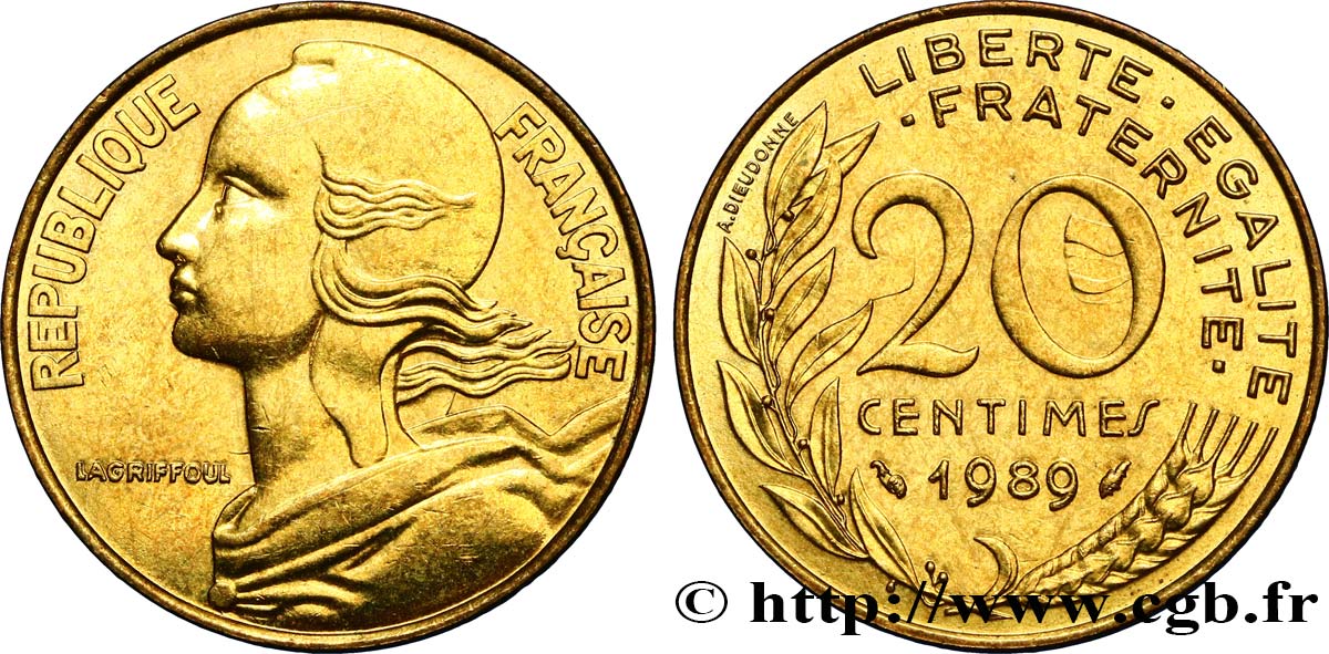20 centimes Marianne, coin choqué 1989 Pessac F.156/29 SUP58 