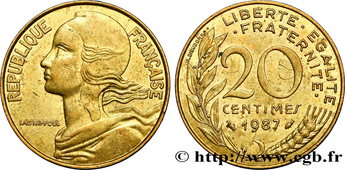 20 centimes Marianne, coin choqué 1987 Pessac F.156/27 TTB45 