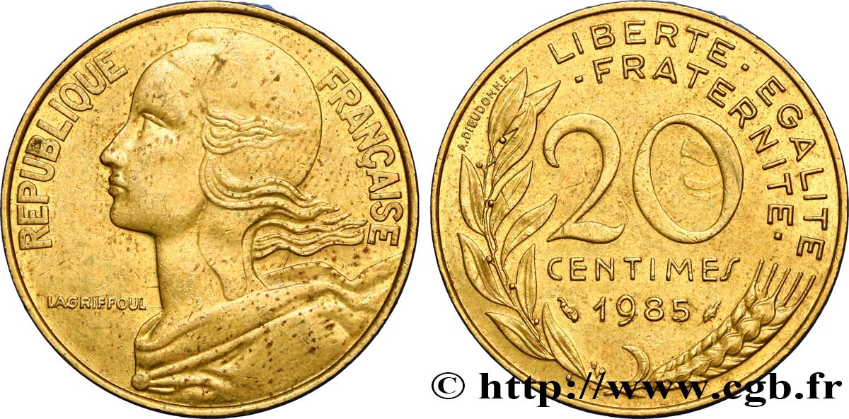 20 centimes Marianne, coin choqué 1985 Pessac F.156/25 XF45 