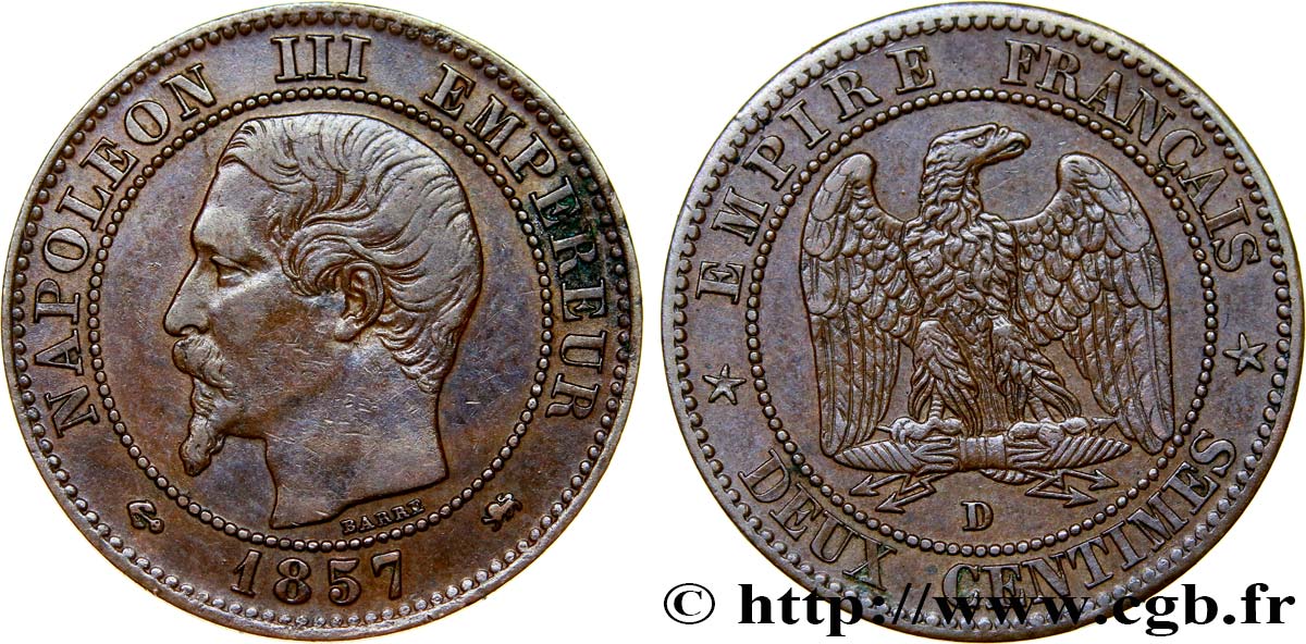 Deux centimes Napoléon III, tête nue, petit D et petit lion 1857 Lyon F.107/48 BB45 