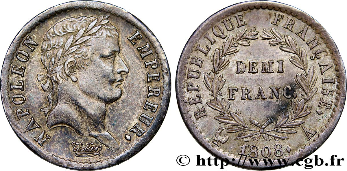 Demi-franc Napoléon Ier tête laurée, République française 1808 Paris F.177/2 TTB52 