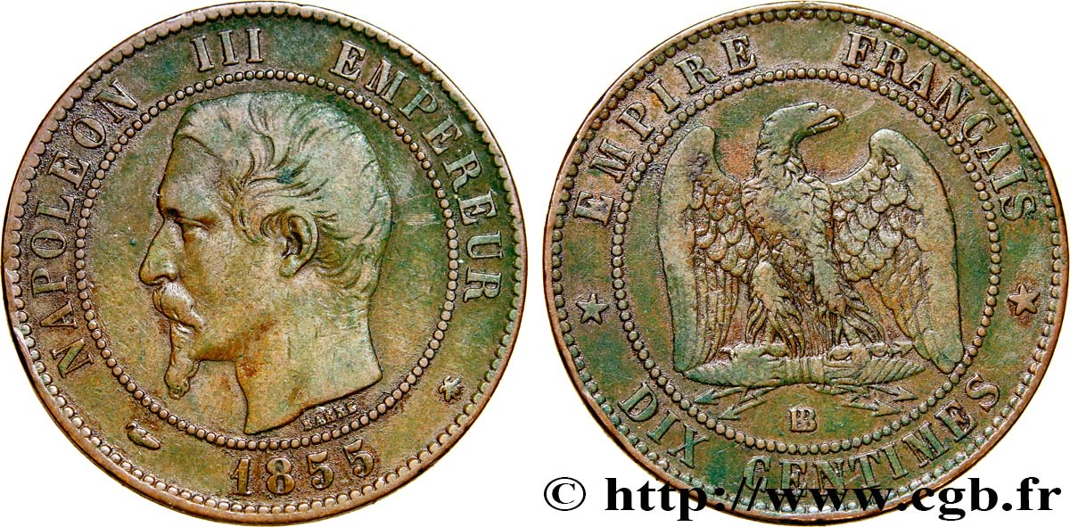 Dix centimes Napoléon III, tête nue 1855 Strasbourg F.133/23 TB30 