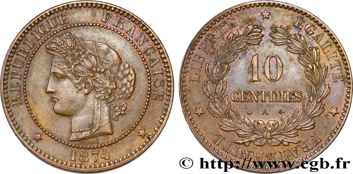 10 centimes Cérès 1874 Paris F.135/12 TTB54 