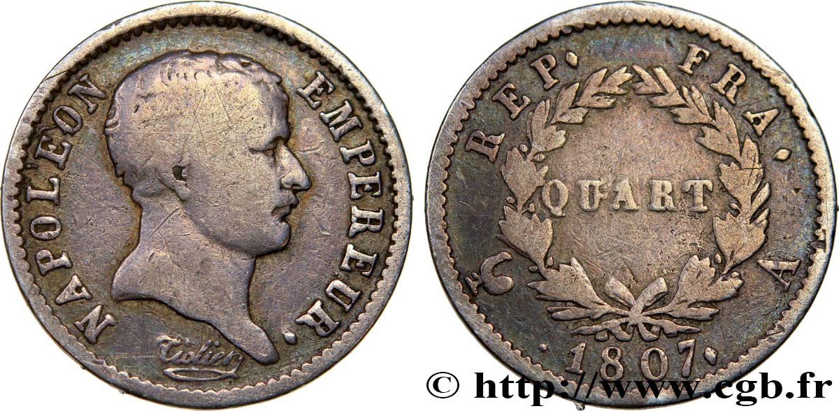 Quart (de franc) Napoléon Empereur, tête de nègre 1807 Paris F.160/1 F12 