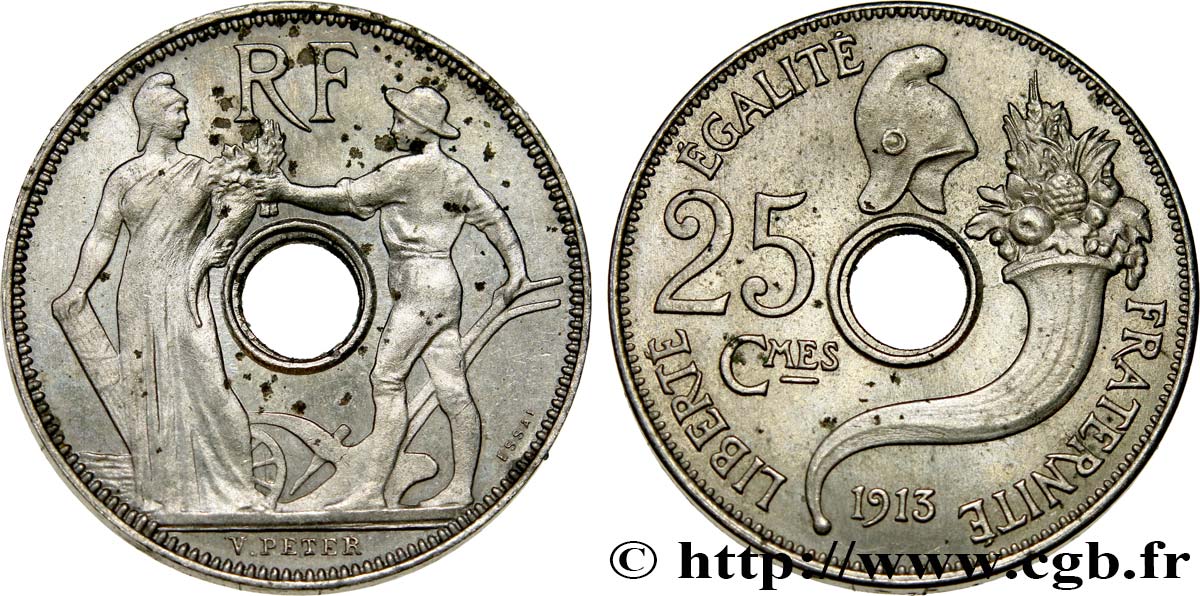 Essai de 25 centimes par Peter, grand module 1913 Paris GEM.72 2 SPL+ 