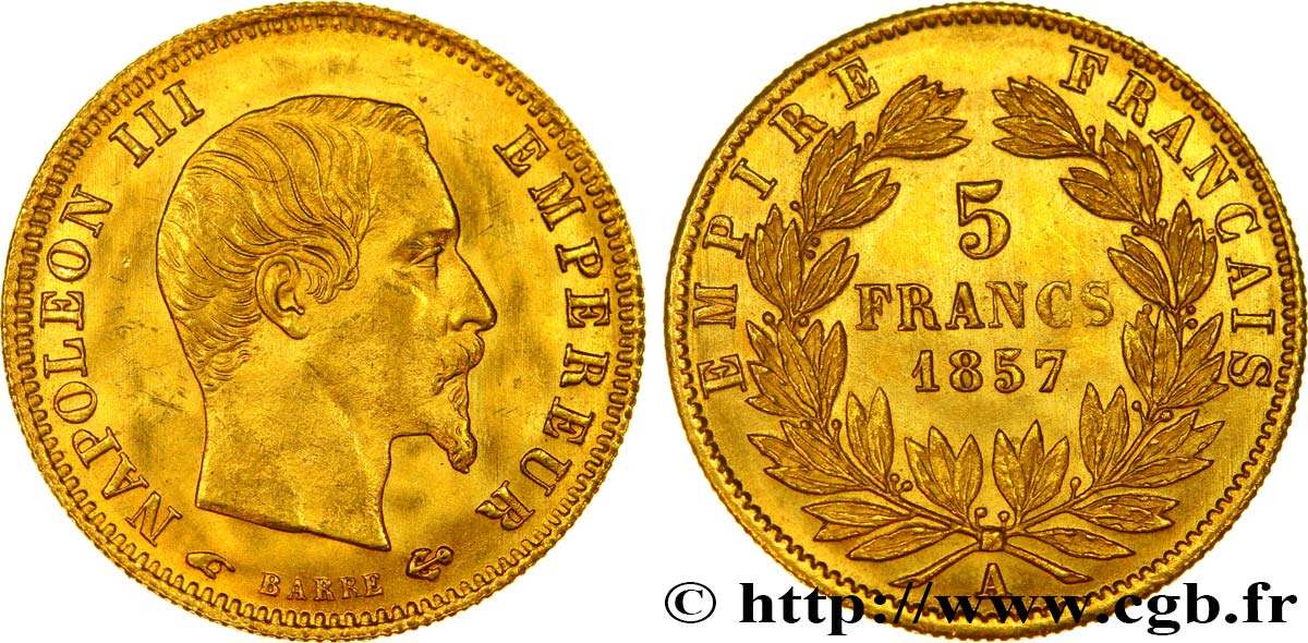 5 francs or Napoléon III, tête nue, grand module 1857 Paris F.501/4 MS62 