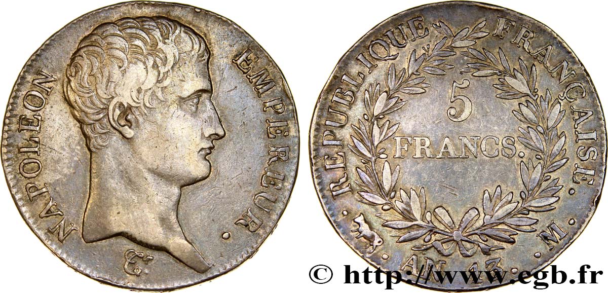 5 francs Napoléon Empereur, Calendrier révolutionnaire 1805 Toulouse F.303/13 TTB45 