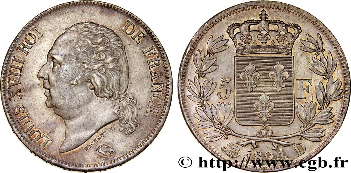 5 francs Louis XVIII, tête nue 1824 Lyon F.309/90 AU55 