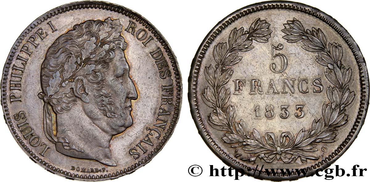 5 francs IIe type Domard 1833 Perpignan F.324/25 AU52 