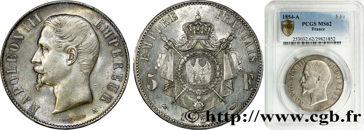 5 francs Napoléon III, tête nue 1854 Paris F.330/1 VZ62 PCGS