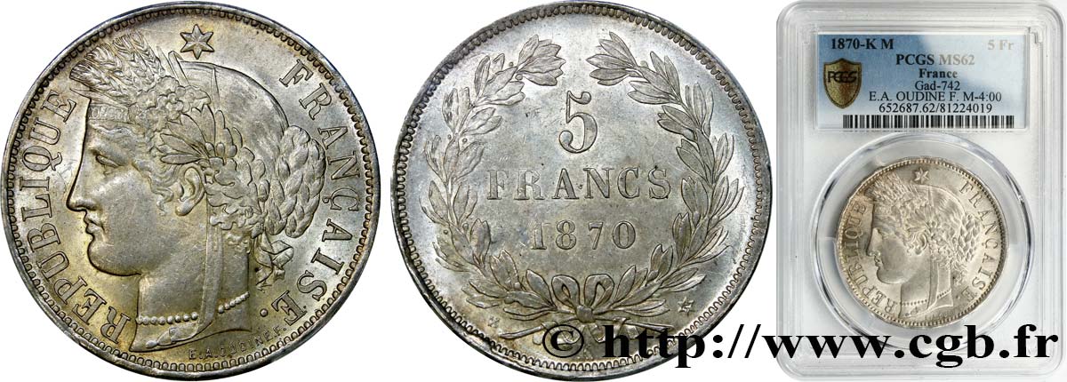 5 francs Cérès, sans légende 1870 Bordeaux F.332/3 MS62 PCGS