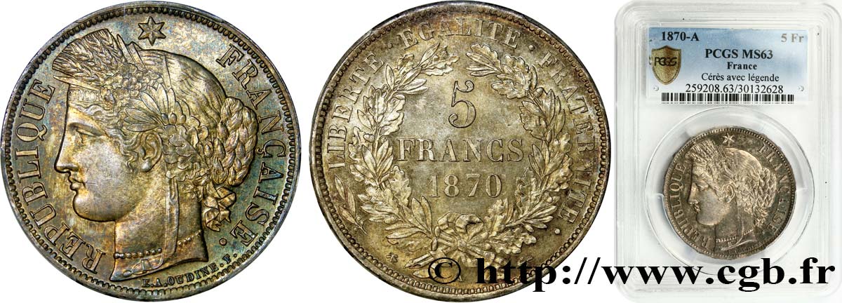 5 francs Cérès, avec légende 1870 Paris F.333/1 SC63 PCGS