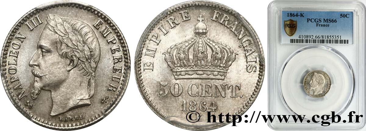 50 centimes Napoléon III, tête laurée 1864 Bordeaux F.188/4 FDC66 PCGS