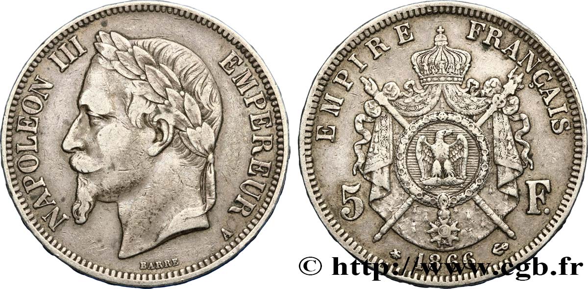5 francs Napoléon III, tête laurée 1866 Paris F.331/9 TB35 