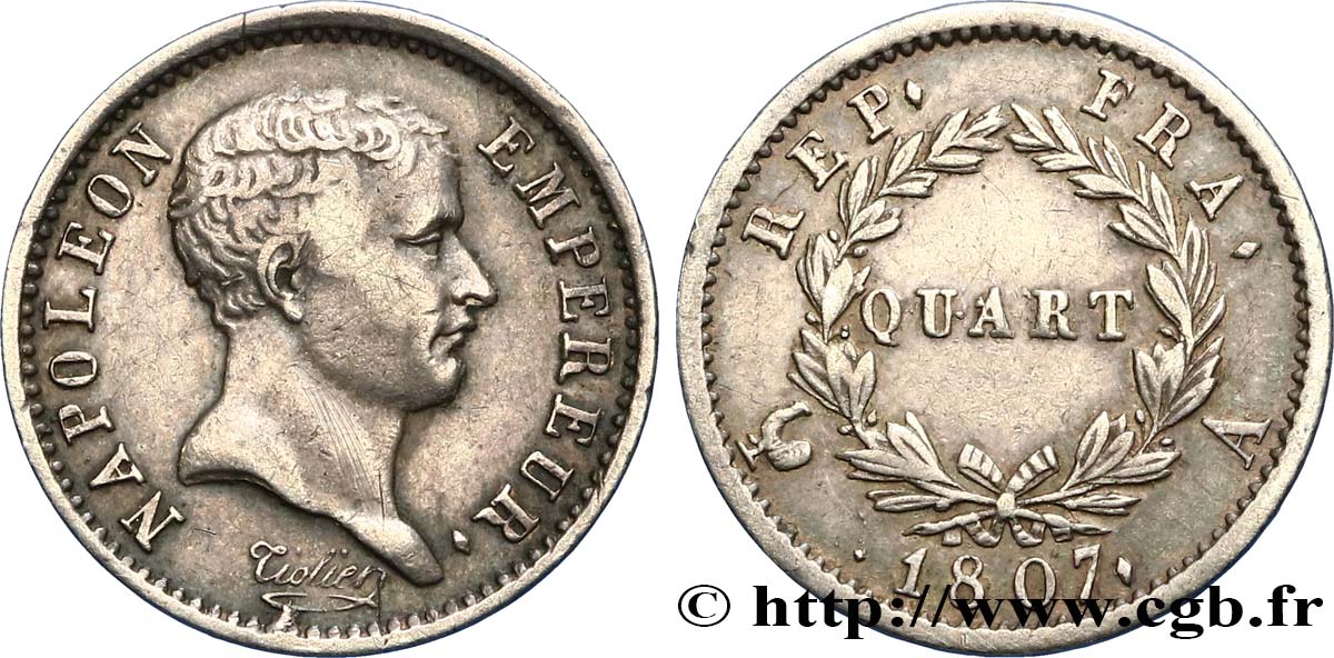 Quart (de franc) Napoléon Empereur, tête de nègre 1807 Paris F.160/1 BB48 