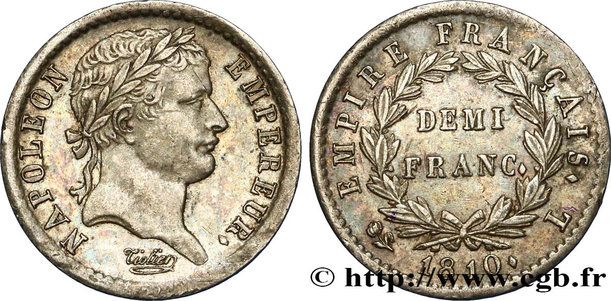 Demi-franc Napoléon Ier tête laurée, Empire français 1810 Bayonne F.178/17 TTB52 