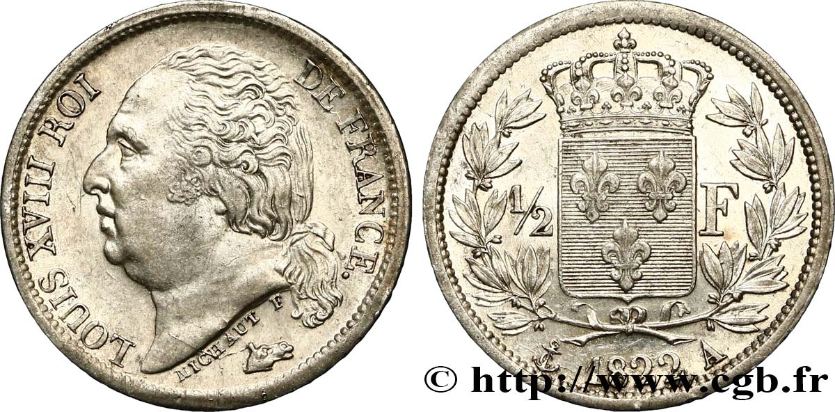1/2 franc Louis XVIII 1822 Paris F.179/30 EBC58 