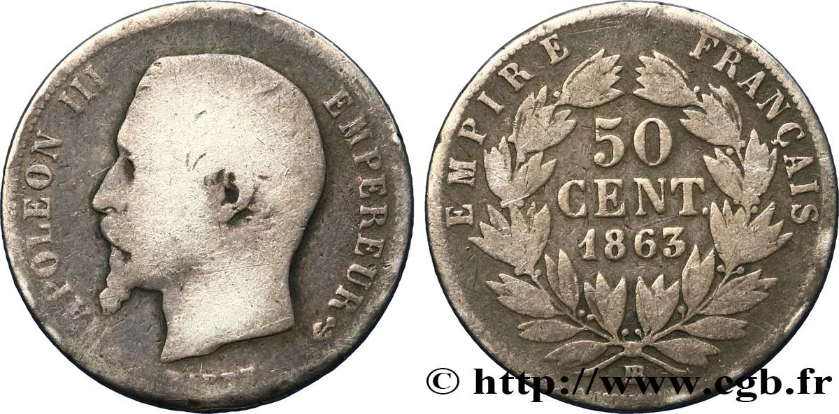 50 centimes Napoléon III, tête nue 1863 Strasbourg F.187/17 B10 