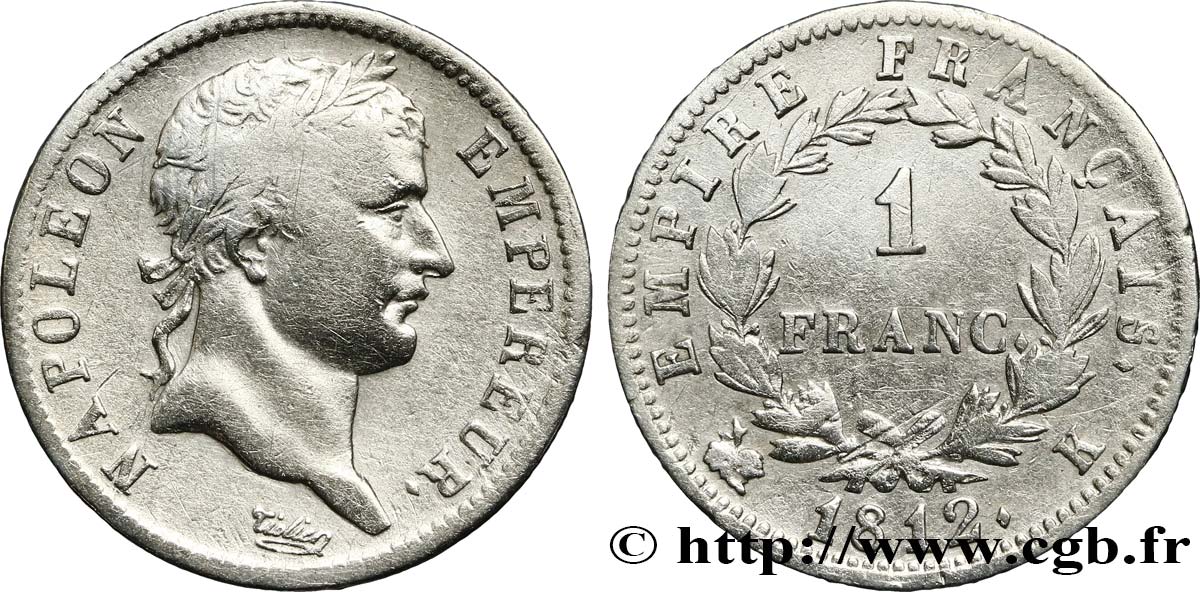 1 franc Napoléon Ier tête laurée, Empire français 1812 Bordeaux F.205/48 TB 