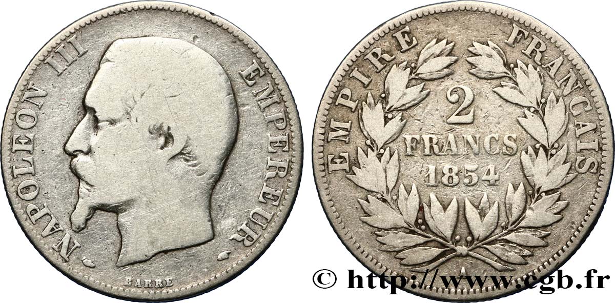 2 francs Napoléon III, tête nue 1854 Paris F.262/2 VG10 
