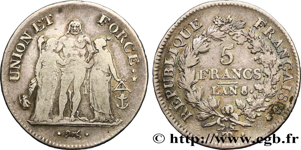 5 francs Union et Force, Union serré, avec glands intérieurs et gland extérieur 1800 Nantes/Paris F.288/152 S25 