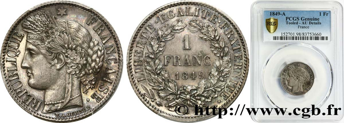1 franc Cérès, IIe République 1849 Paris F.211/1 AU PCGS