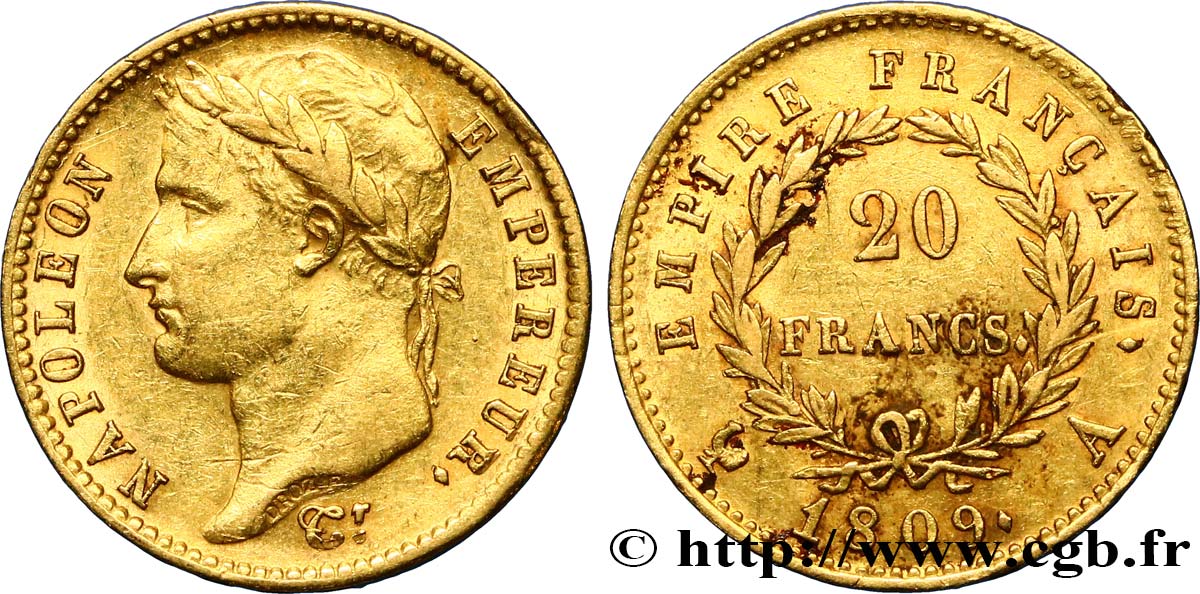 20 francs or Napoléon tête laurée, Empire français 1809 Paris F.516/1 BB45 