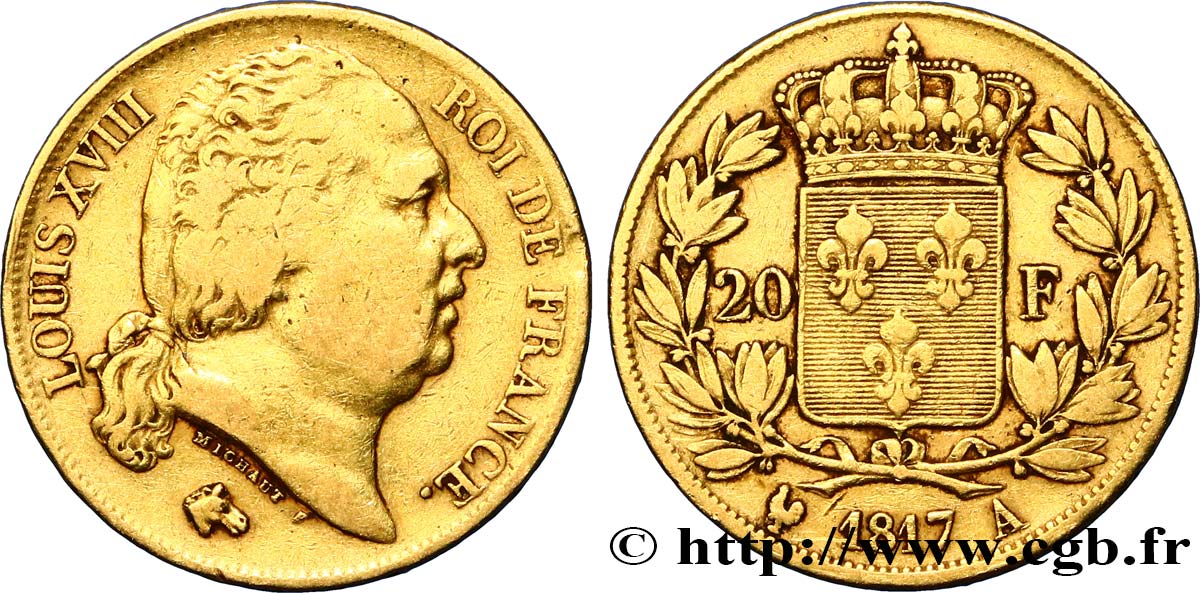 20 francs or Louis XVIII, tête nue 1817 Paris F.519/5 VF35 