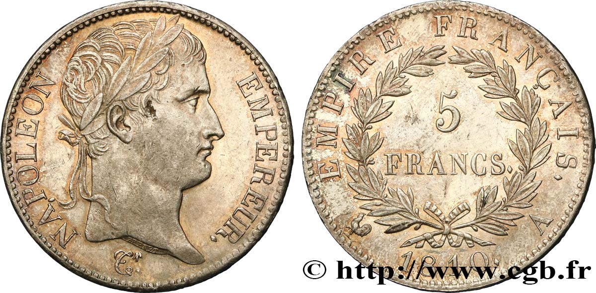 5 francs Napoléon Empereur, Empire français 1810 Paris F.307/14 AU54 