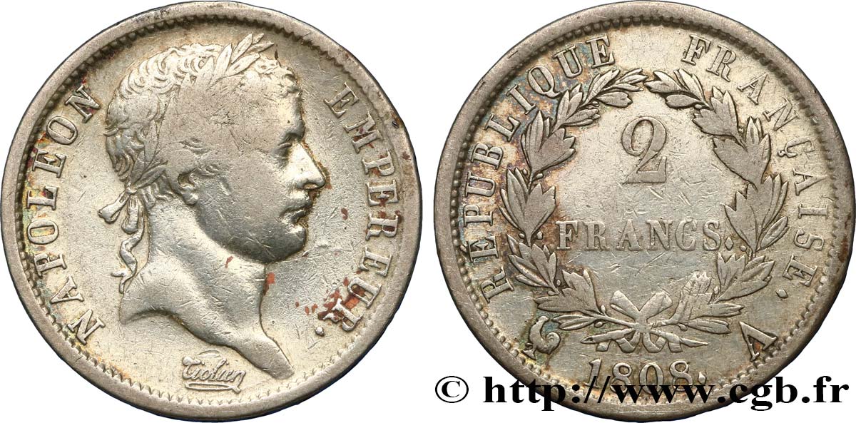 2 francs Napoléon Ier tête laurée, République française 1808 Paris F.254/4 MB25 