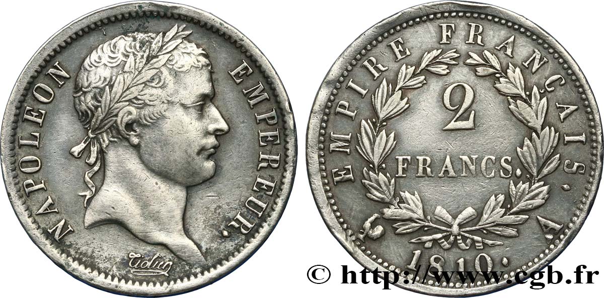 2 francs Napoléon Ier tête laurée, Empire français 1810 Paris F.255/10 TTB50 