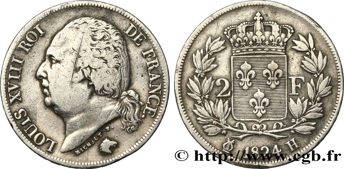 2 francs Louis XVIII 1824 La Rochelle F.257/55 BC 