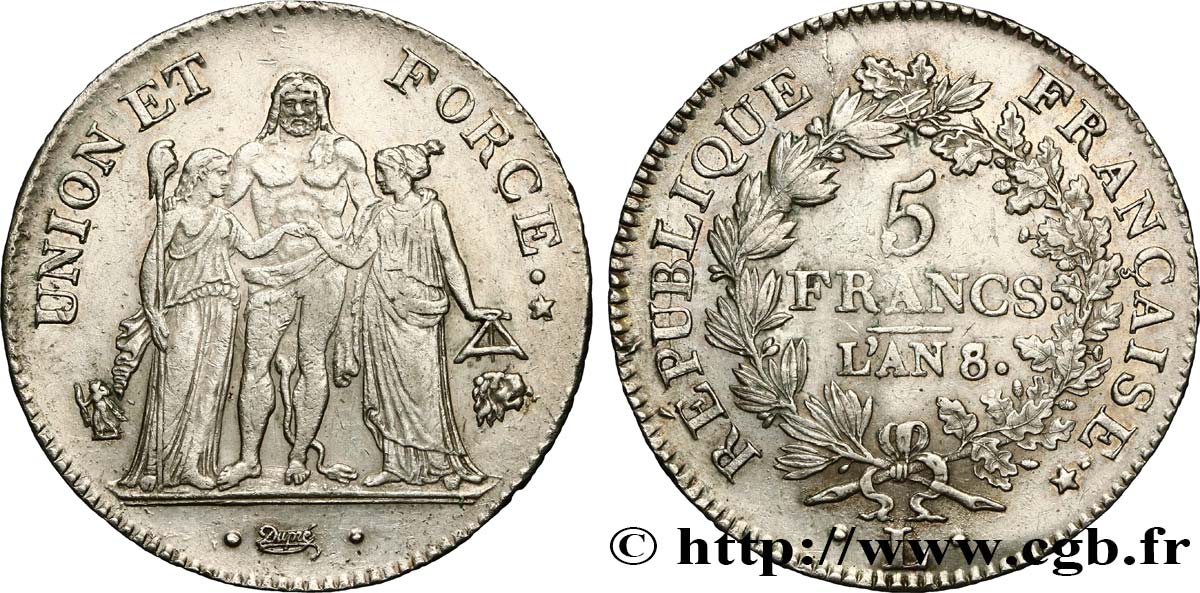 5 francs Union et Force, Union serré, avec glands intérieurs et gland extérieur 1800 Bayonne F.288/147 AU50 