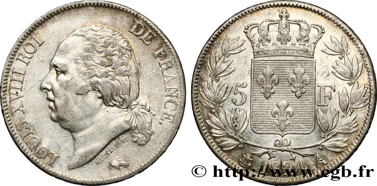 5 francs Louis XVIII, tête nue 1824 Paris F.309/88 SS48 