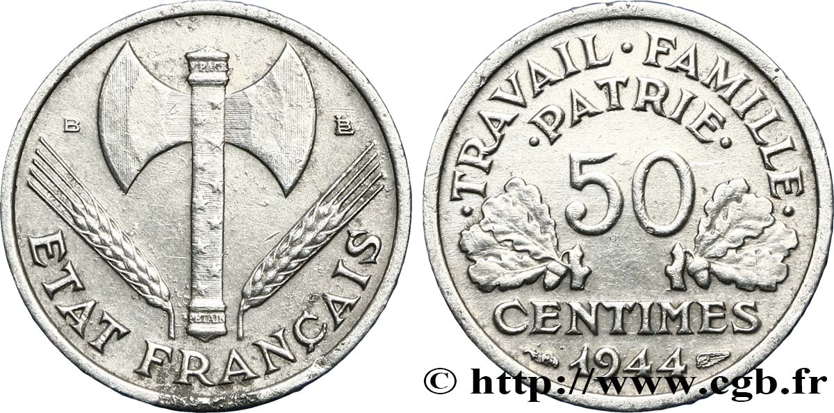 50 centimes Francisque, légère 1944 Beaumont-Le-Roger F.196/5 MBC54 