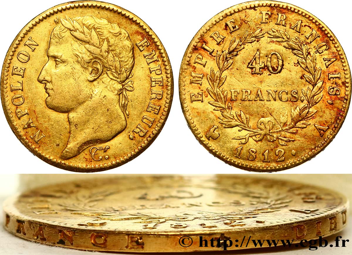 40 francs or FOURRÉE Napoléon tête laurée, Empire français 1812 Paris F.541/9 var. MBC 