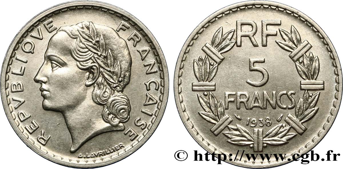5 francs Lavrillier, nickel 1938  F.336/7 VZ58 