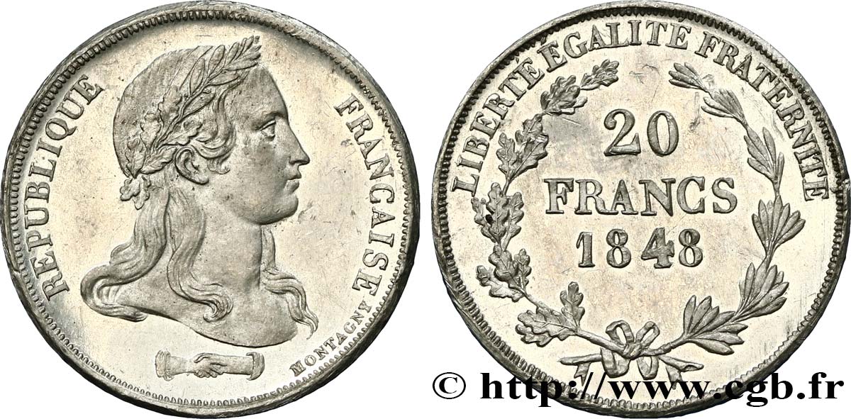Concours de 20 francs, essai de Montagny, buste nu 1848 Paris VG.3034 var MS62 