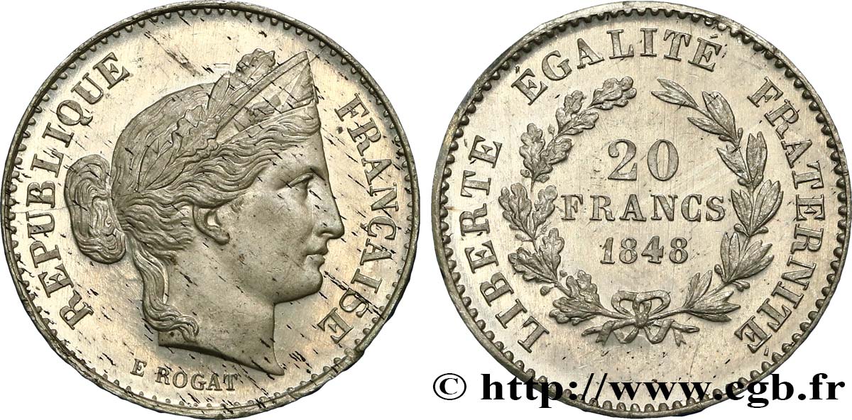 Concours de 20 francs, essai de Rogat 1848 Paris VG.3058 var. fST63 