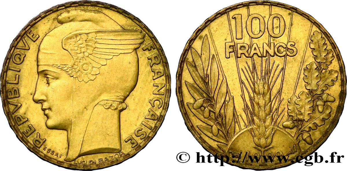 Concours de 100 francs or, essai de Bazor en bronze-aluminium 1929 Paris GEM.288 7 SUP60 