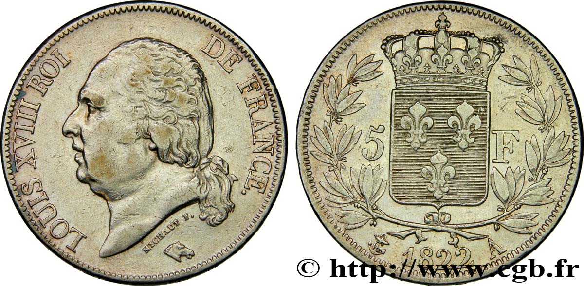 5 francs Louis XVIII, tête nue 1822 Paris F.309/68 SS40 