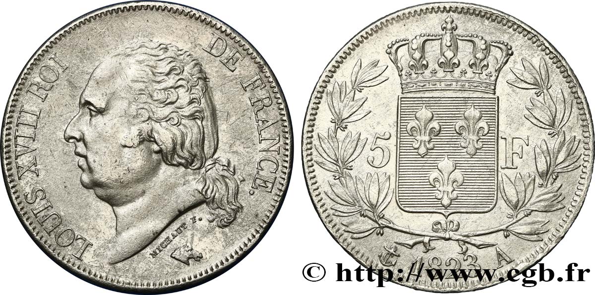 5 francs Louis XVIII, tête nue 1823 Paris F.309/76 q.SPL 